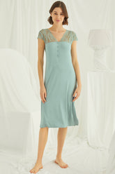 Lace V-Neck Long Maternity & Nursing Nightgown Green - 18463