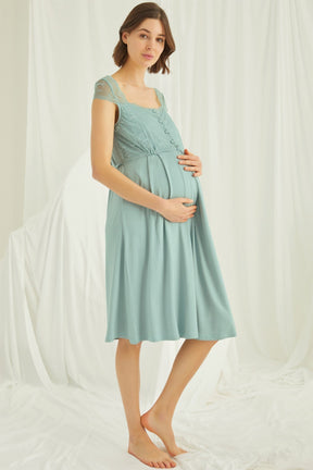 Lace Shoulder Maternity-Nursing Nightgown & Robe Set Green - 18467