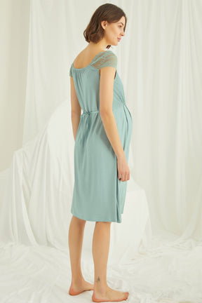 Lace Shoulder Maternity-Nursing Nightgown & Robe Set Green - 18467