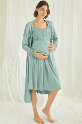 Lace Shoulder Maternity-Nursing Nightgown & Robe Set Green - 18467