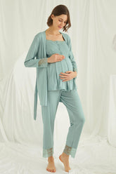 Lace Shoulder 3-Piece Maternity-Nursing Pajama & Robe Set Green - 18468