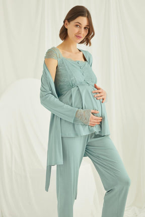 Lace Shoulder 3-Piece Maternity-Nursing Pajama & Robe Set Green - 18468