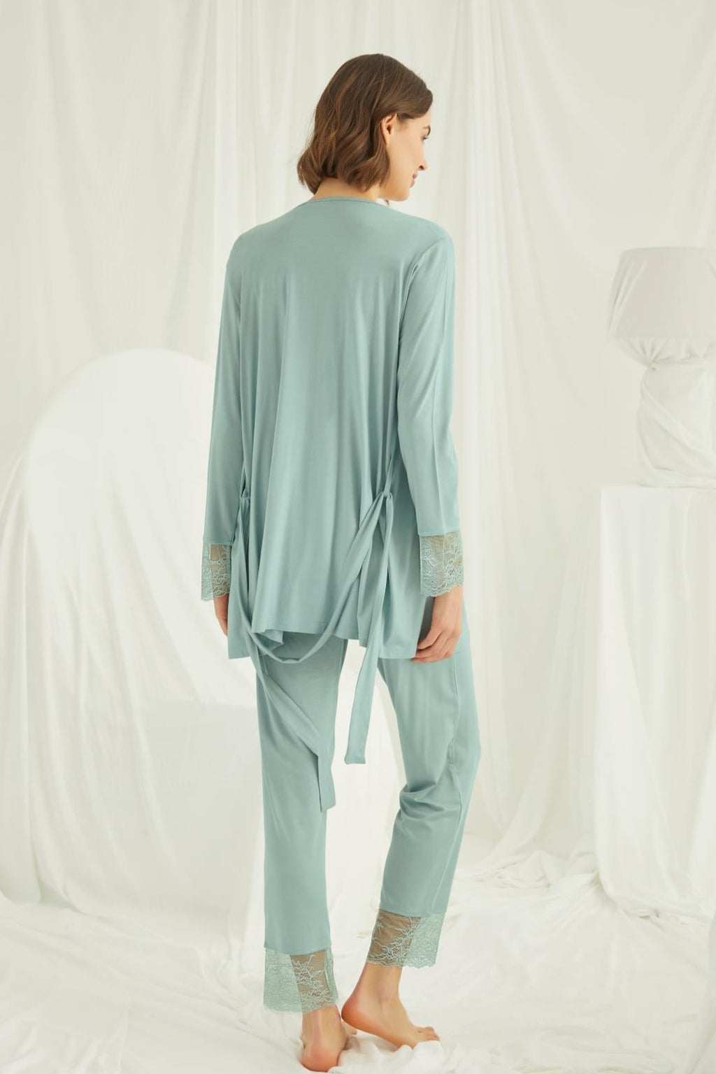Lace Shoulder 3-Piece Maternity Feeding-Friendly Pajama & Robe Set Green - E18468