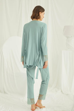 Lace Shoulder 3-Piece Maternity-Nursing Pajama & Robe Set Green - 18468