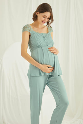 Lace Shoulder 3-Piece Maternity-Nursing Pajama & Robe Set Green - 18468