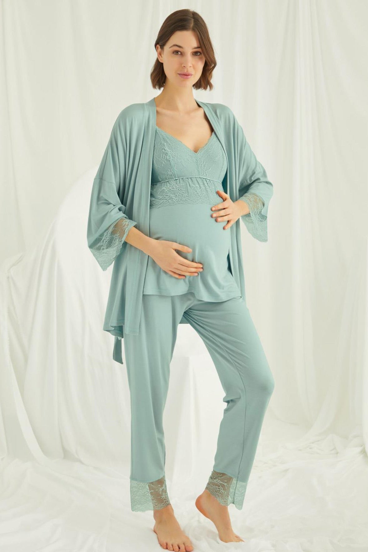 Lace Strappy 3-Piece Maternity-Nursing Pajama & Robe Set Green - 18469