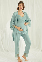 Lace Strappy 3-Piece Maternity-Nursing Pajama & Robe Set Green - 18469