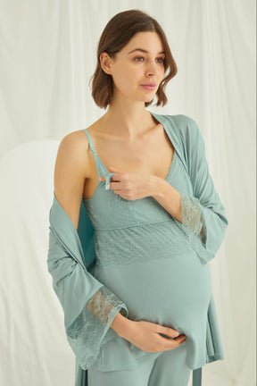 Lace Strappy 3-Piece Maternity-Nursing Pajama & Robe Set Green - 18469
