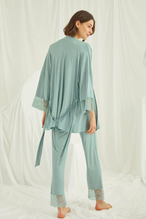 Lace Strappy 3-Piece Maternity-Nursing Pajama & Robe Set Green - 18469