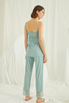Lace Strappy 3-Piece Maternity-Nursing Pajama & Robe Set Green - 18469