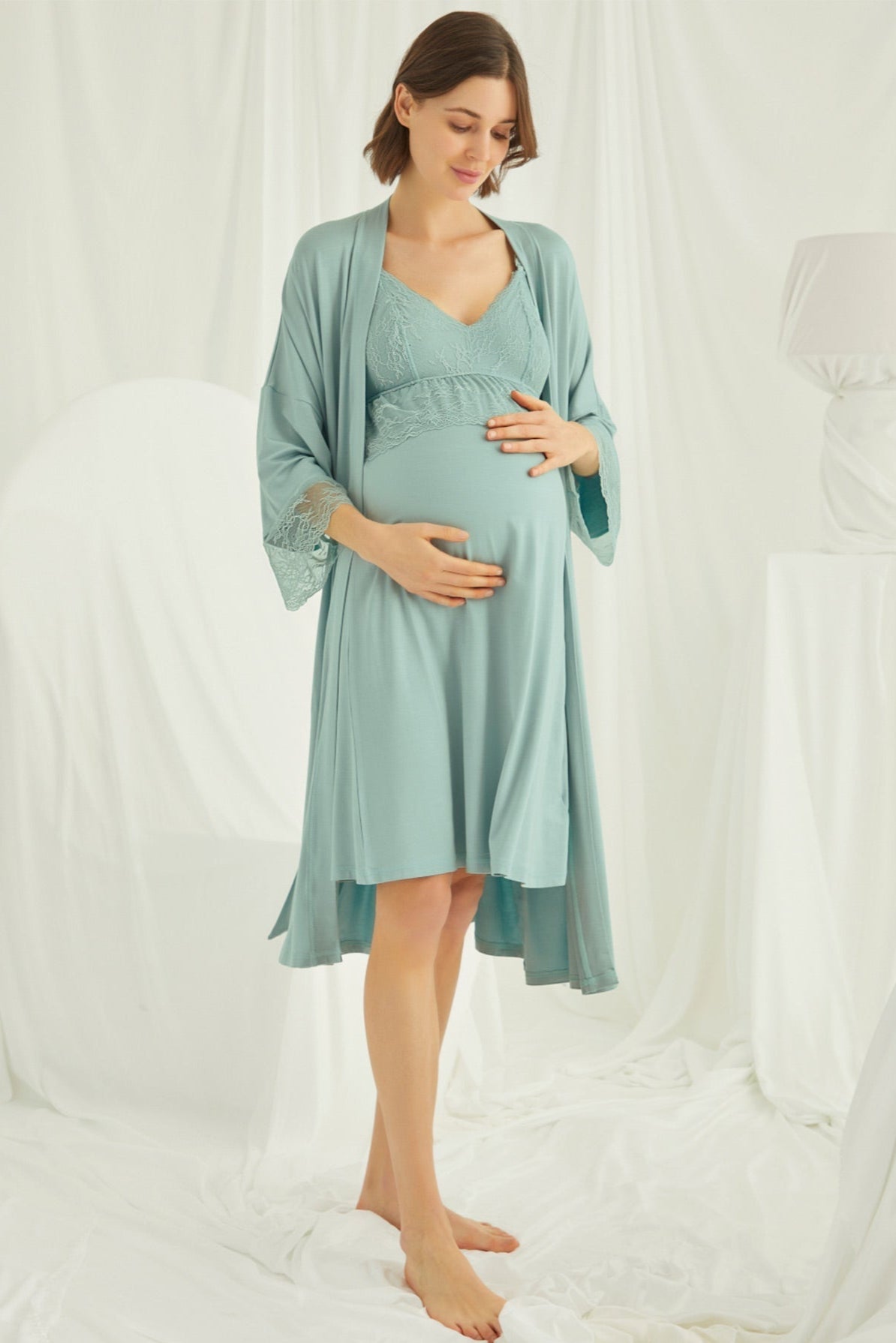 Lace Strappy Maternity-Nursing Nightgown & Robe Set Green - 18470