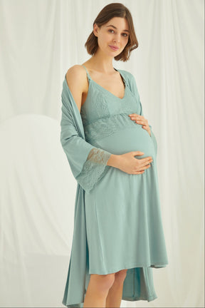 Lace Strappy Maternity-Nursing Nightgown & Robe Set Green - 18470