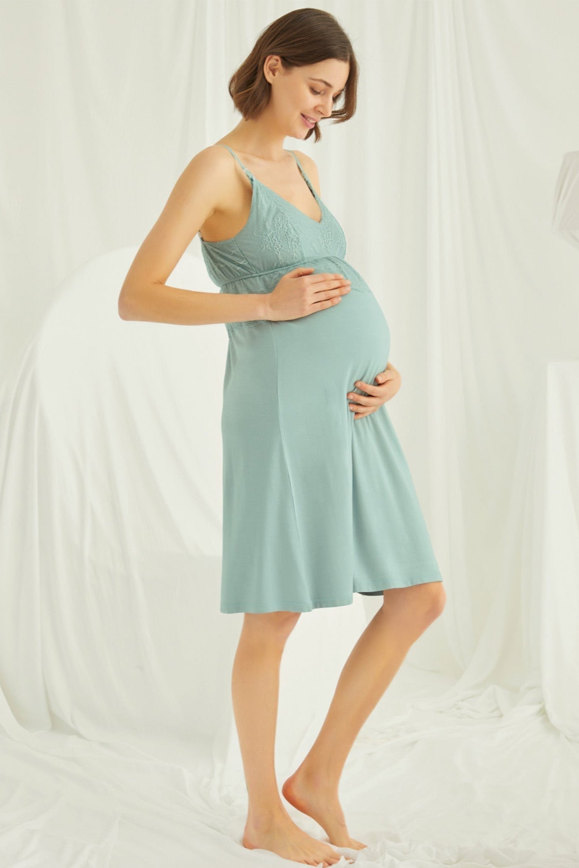 Lace Strappy Maternity-Nursing Nightgown & Robe Set Green - 18470