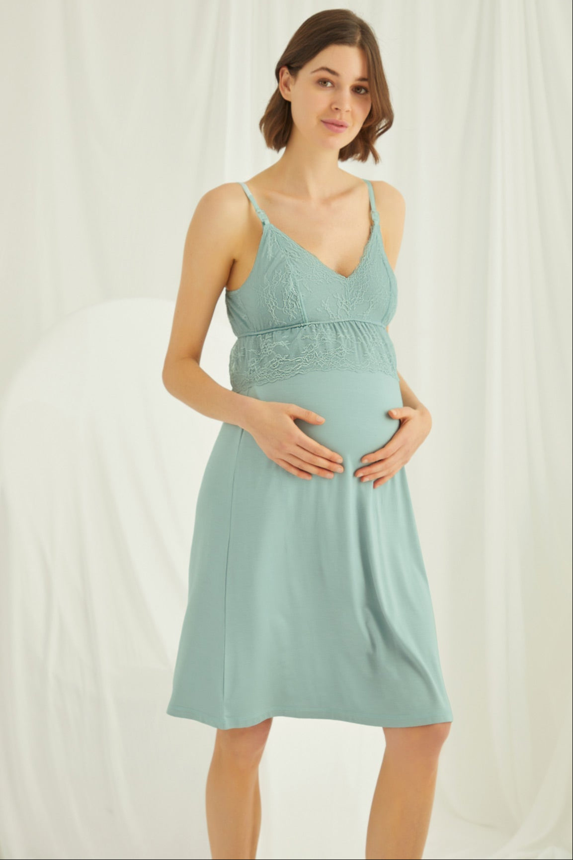Lace Strappy Maternity-Nursing Nightgown & Robe Set Green - 18470