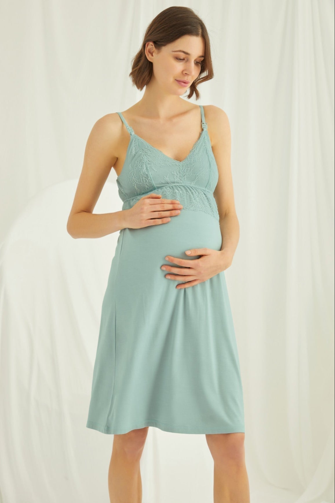 Lace Strappy Maternity-Nursing Nightgown & Robe Set Green - 18470
