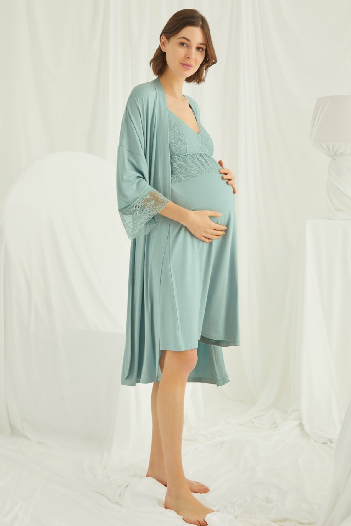Lace Strappy Maternity-Nursing Nightgown & Robe Set Green - 18470