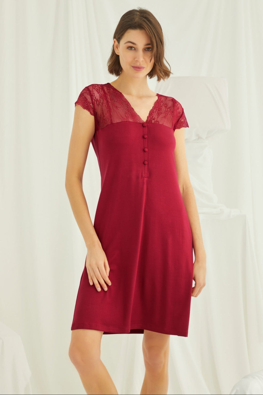 Lace V-Neck Short Maternity & Nursing Nightgown Red - 18480