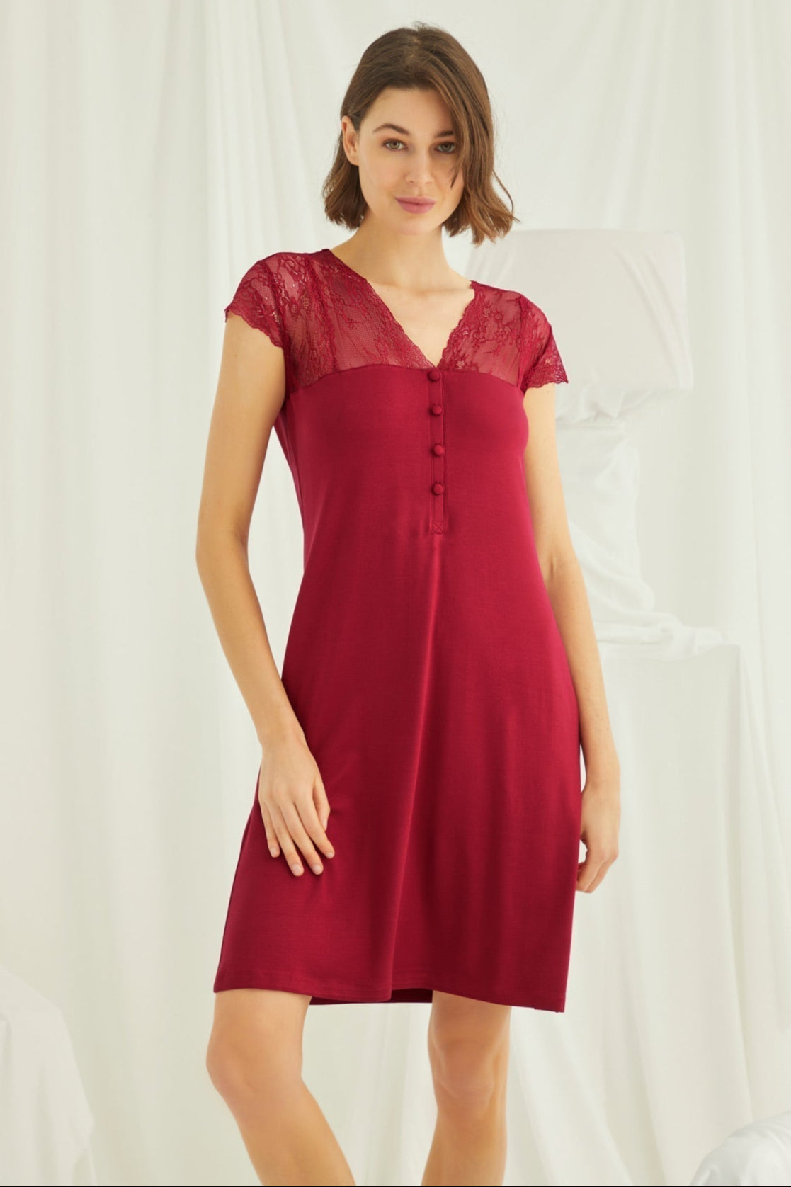 Lace V-Neck Short Maternity & Nursing Nightgown Red - 18480