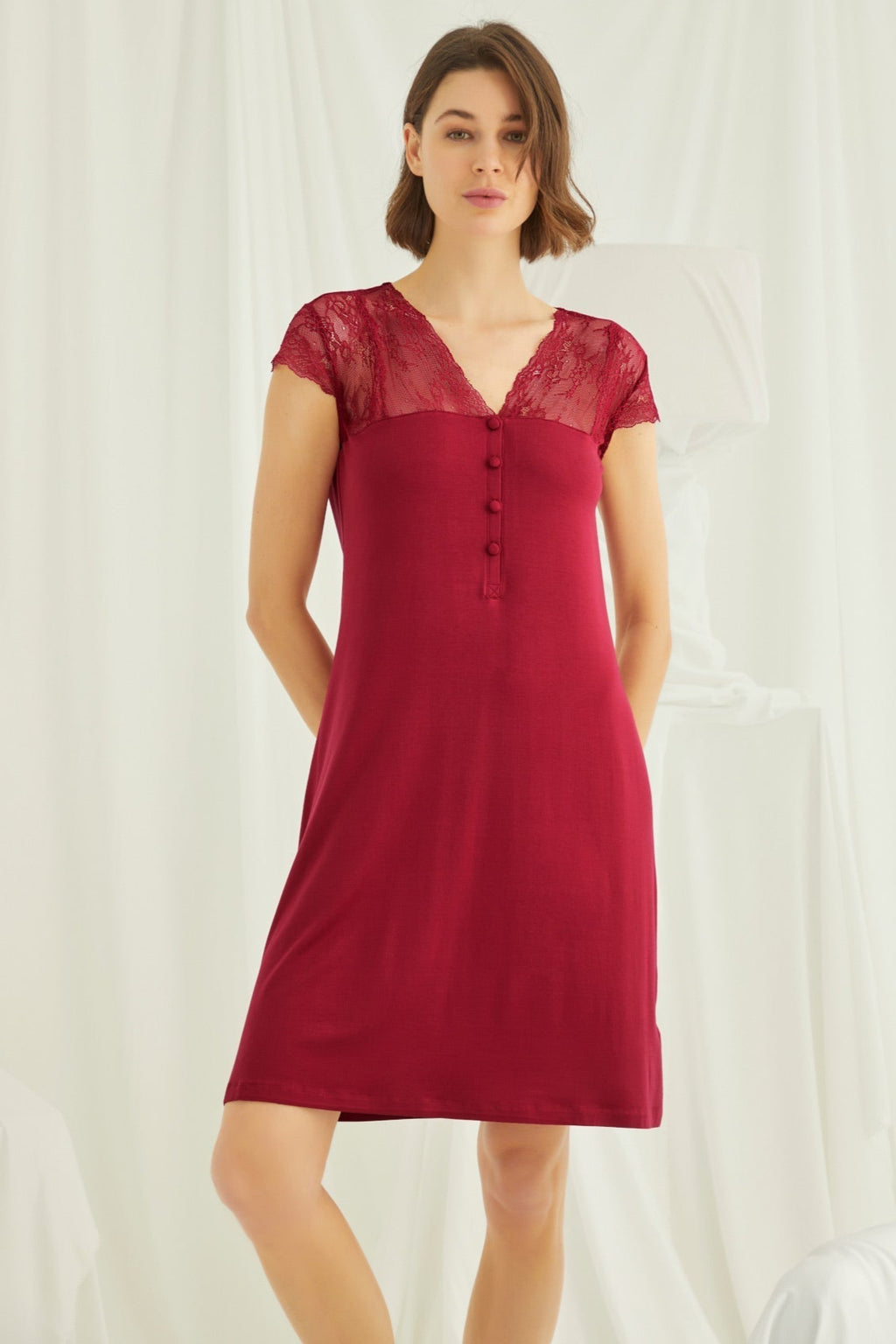 Lace V-Neck Short Maternity & Nursing Nightgown Red - 18480
