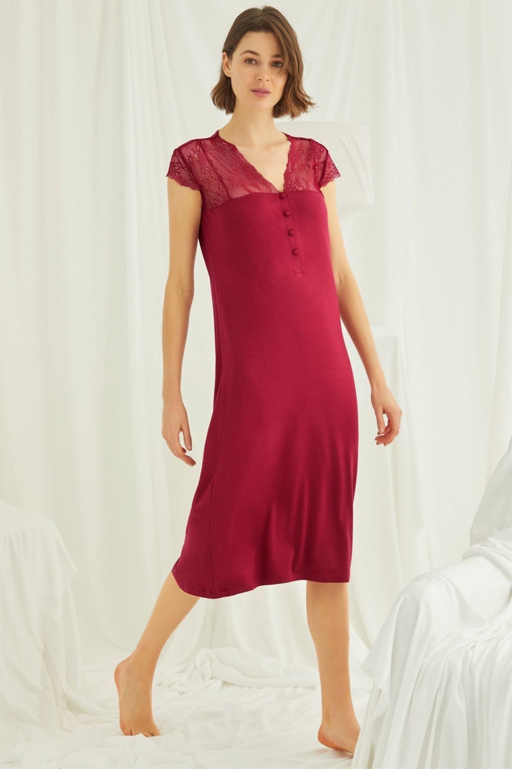 Lace V-Neck Long Maternity & Nursing Nightgown Red - 18481