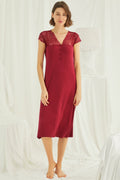 Lace V-Neck Long Maternity & Nursing Nightgown Red - 18481