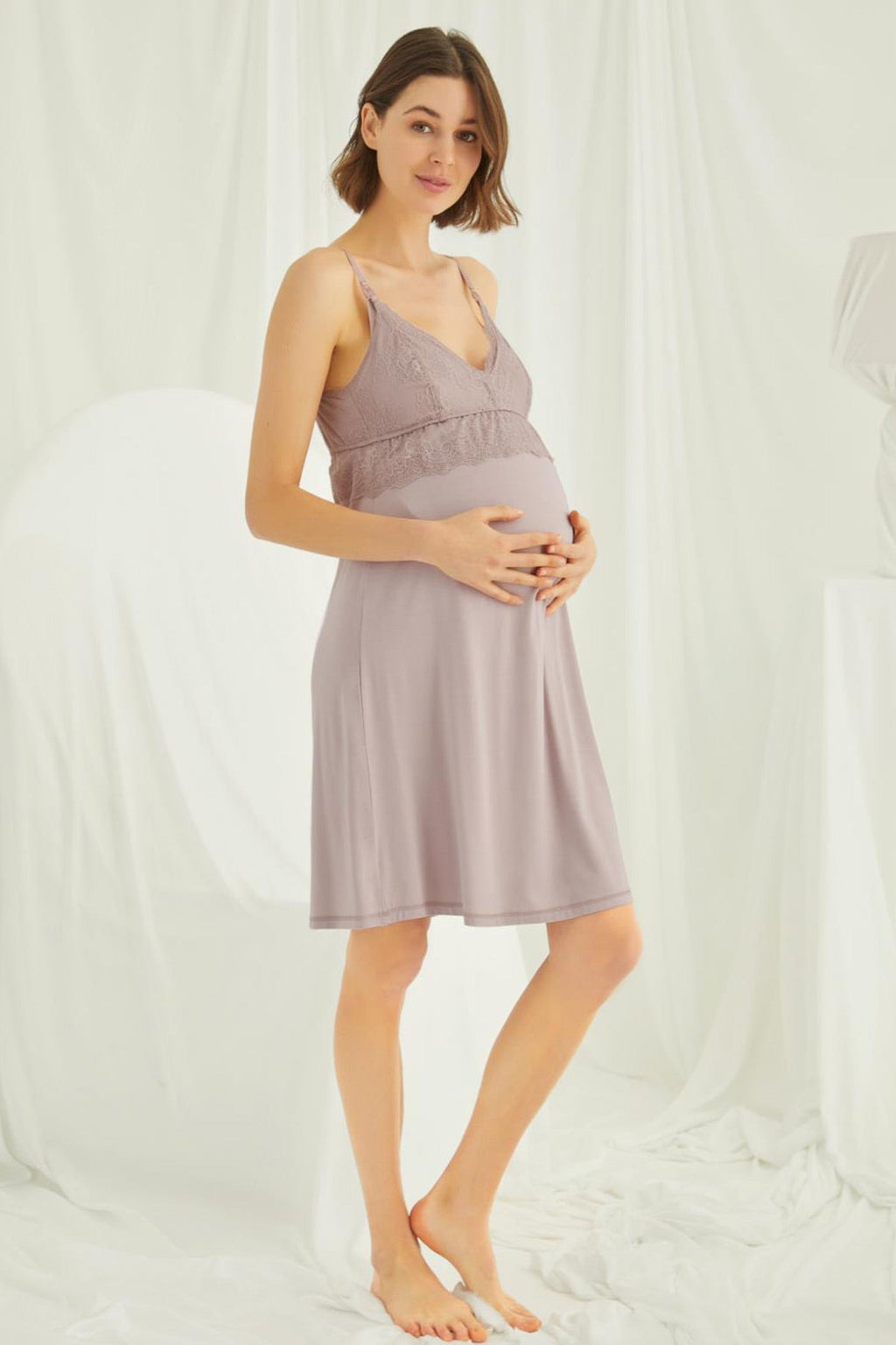 Lace Strappy Maternity & Nursing Nightgown Mink - 18490