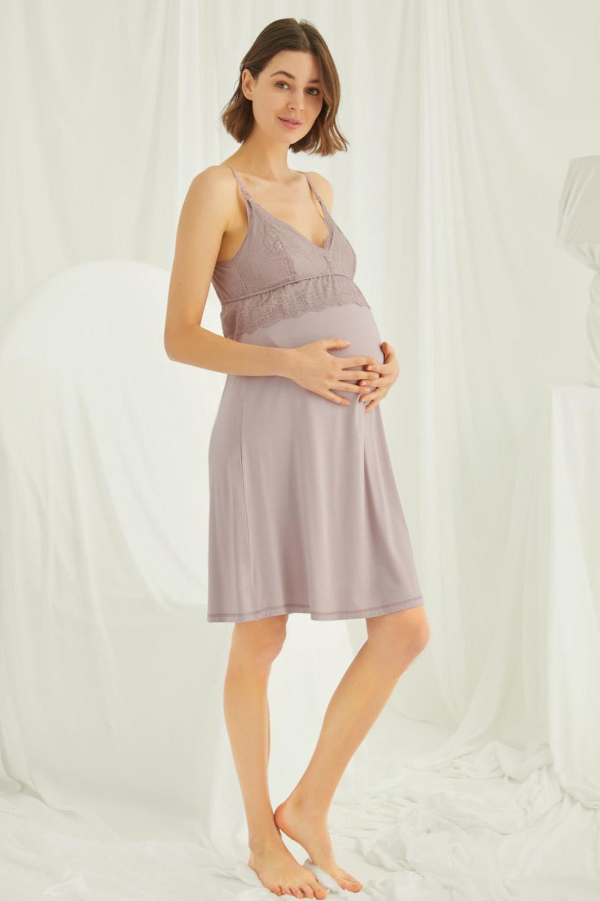 Lace Strappy Maternity & Nursing Nightgown Mink - 18490