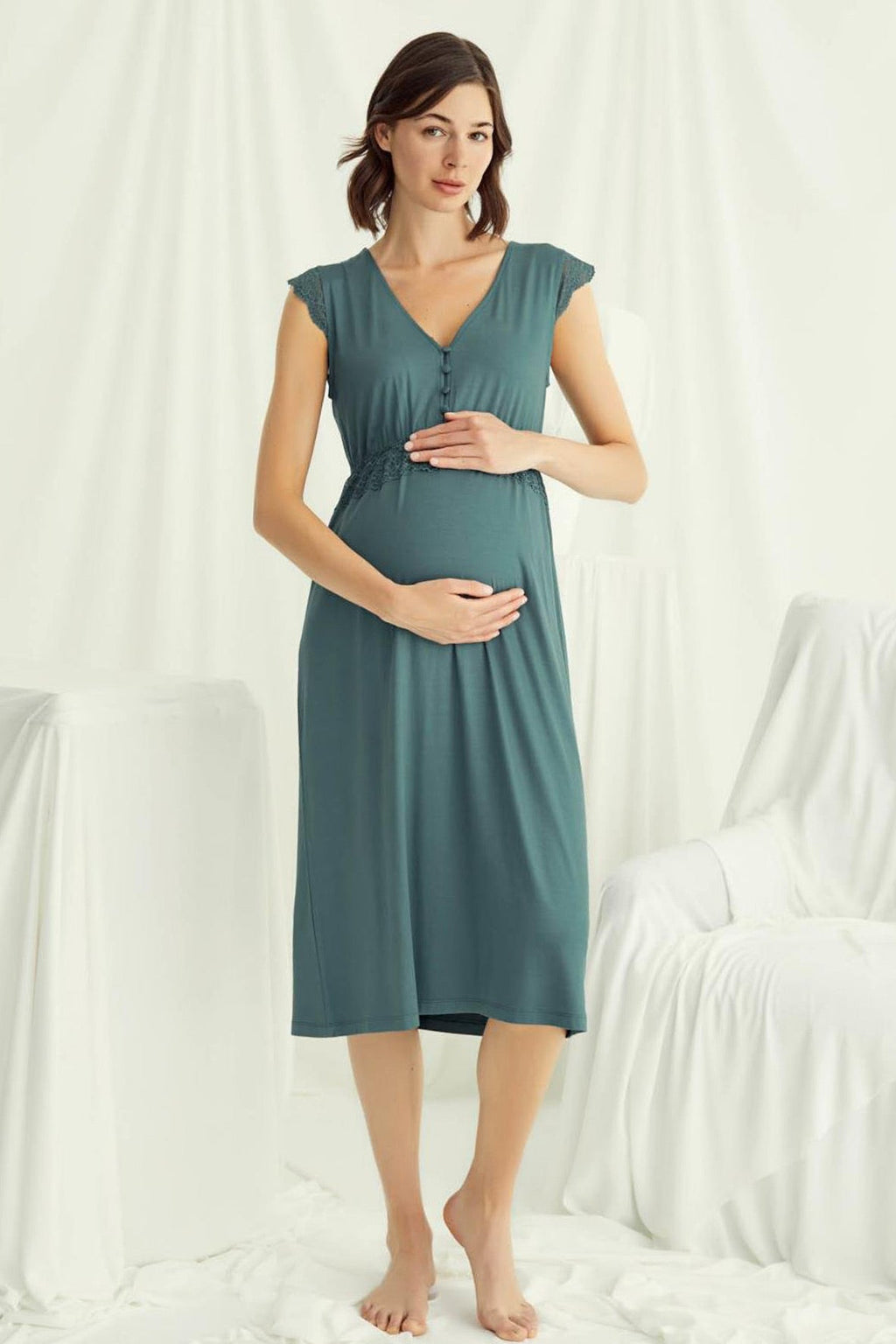 Lace V-Neck Maternity & Nursing Nightgown Green - 18521