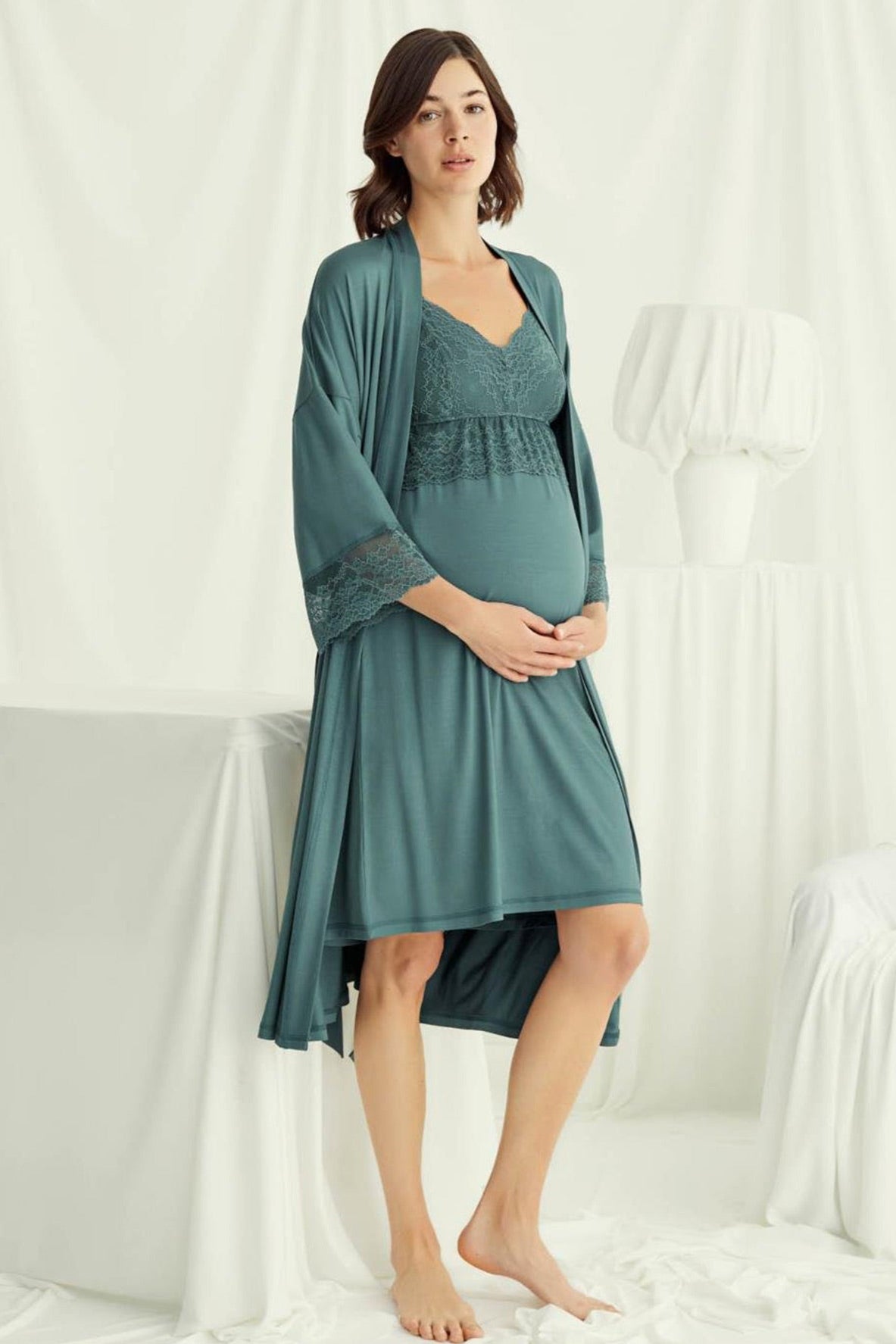 Lace Strappy Maternity-Nursing Nightgown & Robe Set Green - 18522