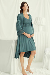 Lace Strappy Maternity-Nursing Nightgown & Robe Set Green - 18522