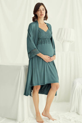Lace Strappy Maternity-Nursing Nightgown & Robe Set Green - 18522