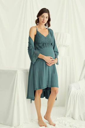 Lace Strappy Maternity-Nursing Nightgown & Robe Set Green - 18522