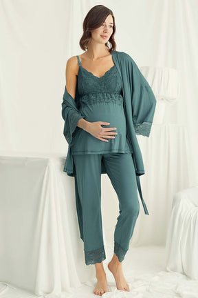 Lace Strappy 3-Piece Maternity-Nursing Pajama & Robe Set Green - 18523