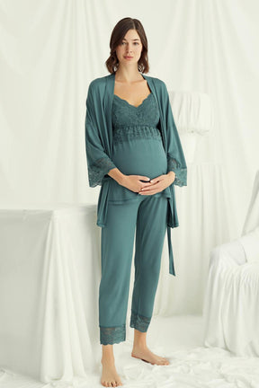 Lace Strappy 3-Piece Maternity-Nursing Pajama & Robe Set Green - 18523