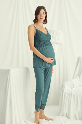 Lace Strappy 3-Piece Maternity-Nursing Pajama & Robe Set Green - 18523