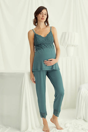 Lace Strappy 3-Piece Maternity-Nursing Pajama & Robe Set Green - 18523