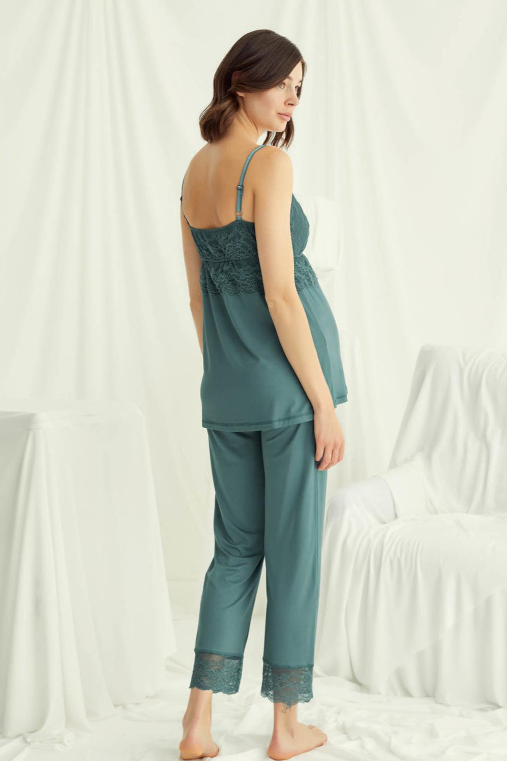 Lace Strappy 3-Piece Maternity-Nursing Pajama & Robe Set Green - 18523