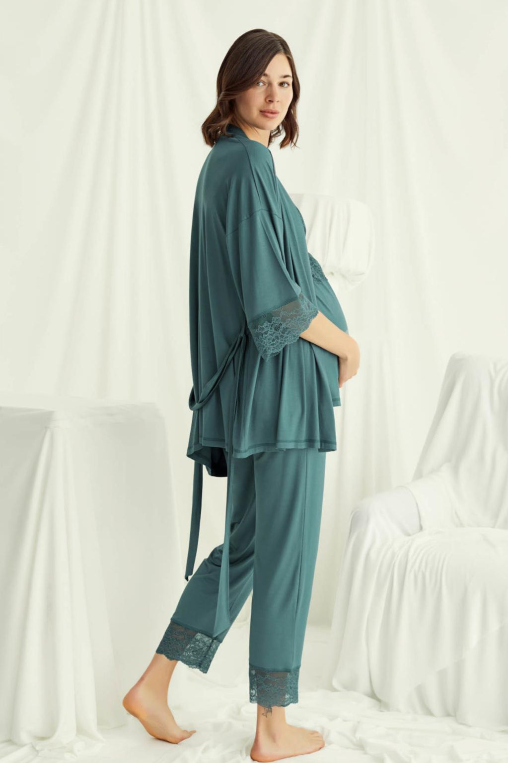 Lace Strappy 3-Piece Maternity-Nursing Pajama & Robe Set Green - 18523
