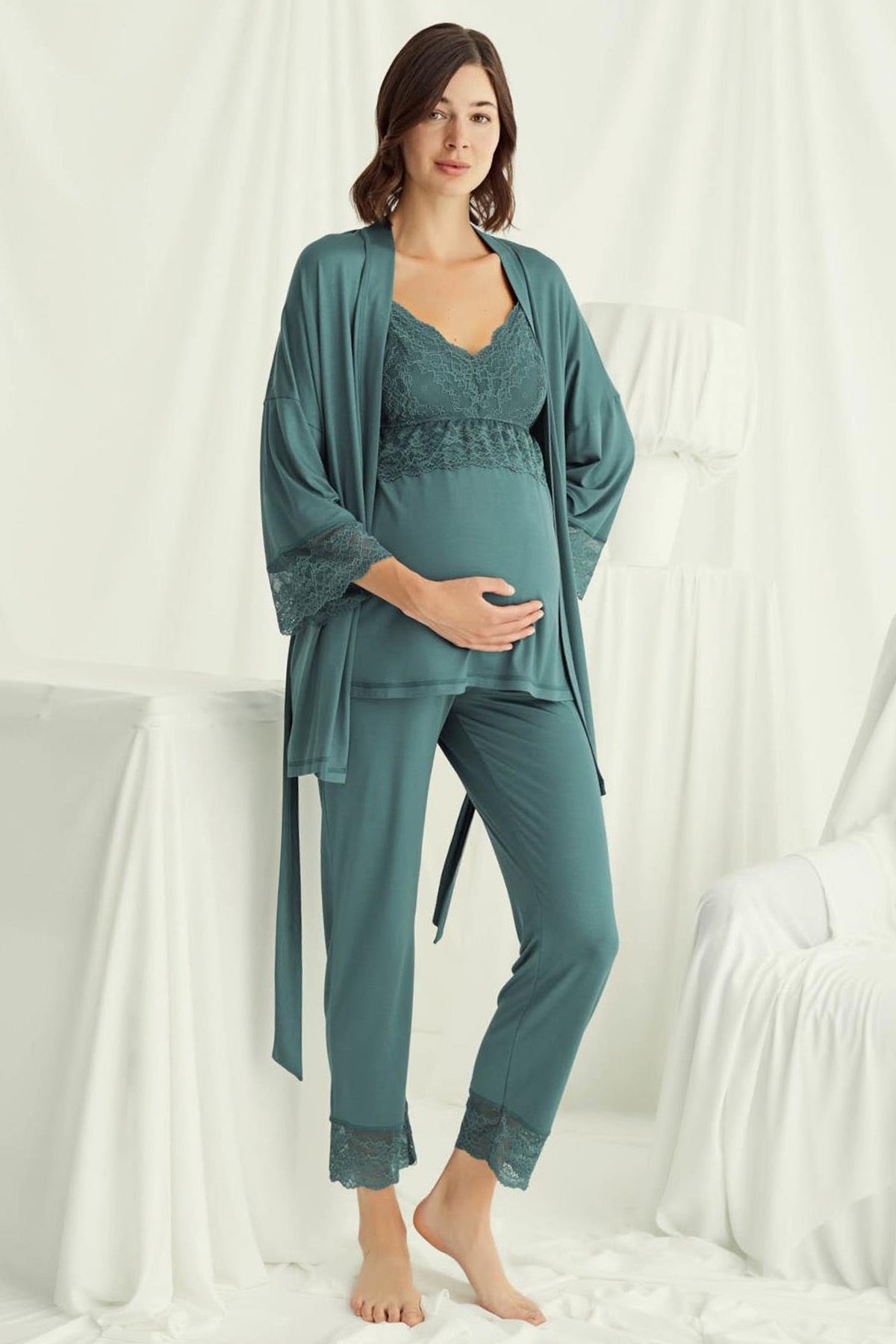 Lace Strappy 3-Piece Maternity-Nursing Pajama & Robe Set Green - 18523