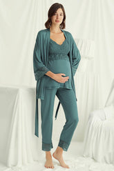 Lace Strappy 3-Piece Maternity-Nursing Pajama & Robe Set Green - 18523
