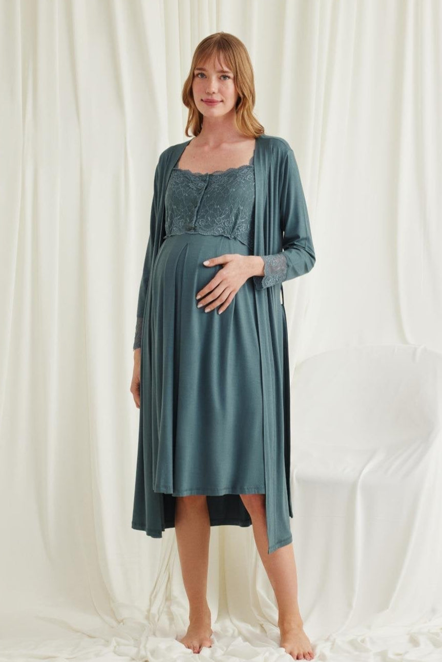 Lace Shoulder Maternity Feeding-Friendly Nightgown & Robe Set Green - E18534