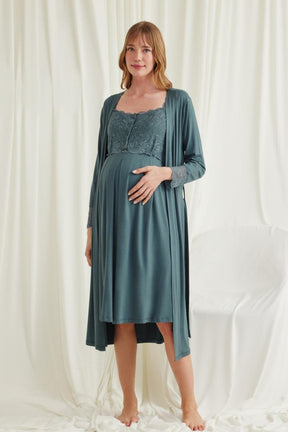 Lace Shoulder Maternity-Nursing Nightgown & Robe Set Green - 18534