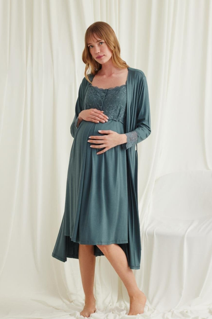 Lace Shoulder Maternity-Nursing Nightgown & Robe Set Green - 18534