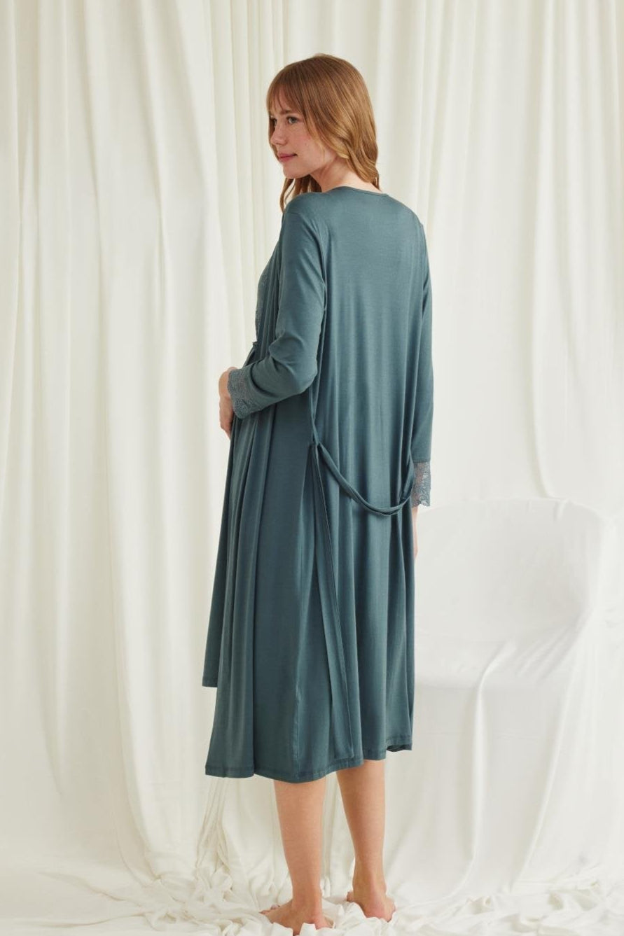 Lace Shoulder Maternity Feeding-Friendly Nightgown & Robe Set Green - E18534