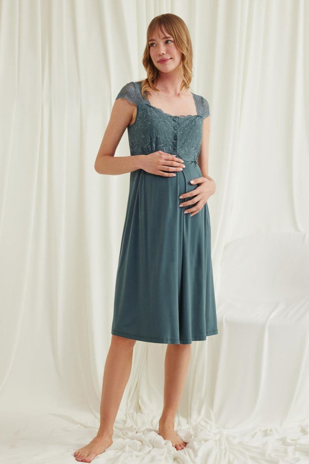 Lace Shoulder Maternity Feeding-Friendly Nightgown & Robe Set Green - E18534