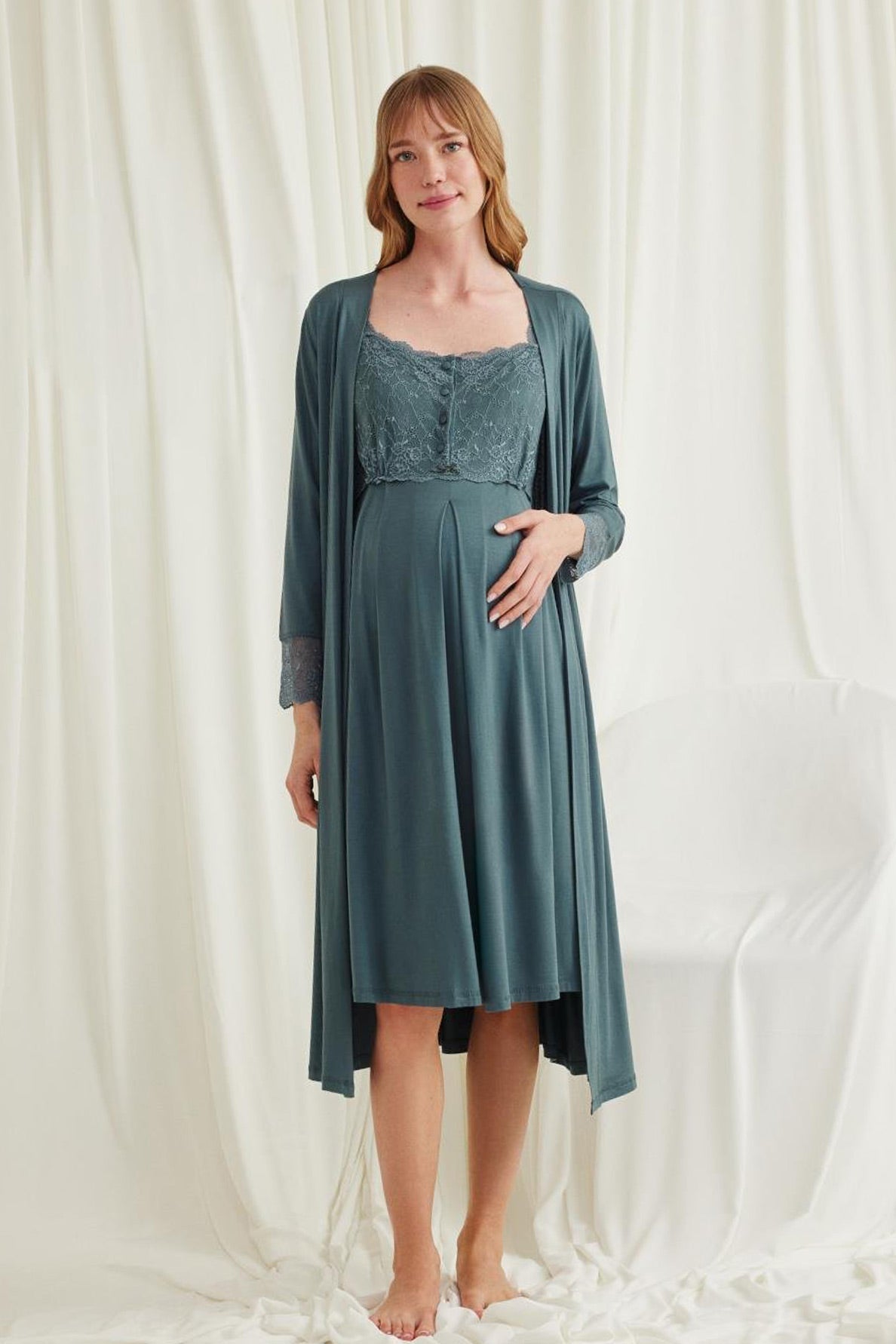 Lace Shoulder Maternity Feeding-Friendly Nightgown & Robe Set Green - E18534