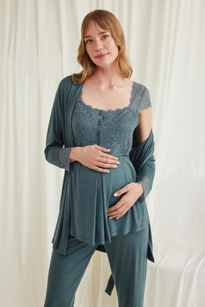 Lace Shoulder 3-Piece Maternity-Nursing Pajama & Robe Set Green - 18535