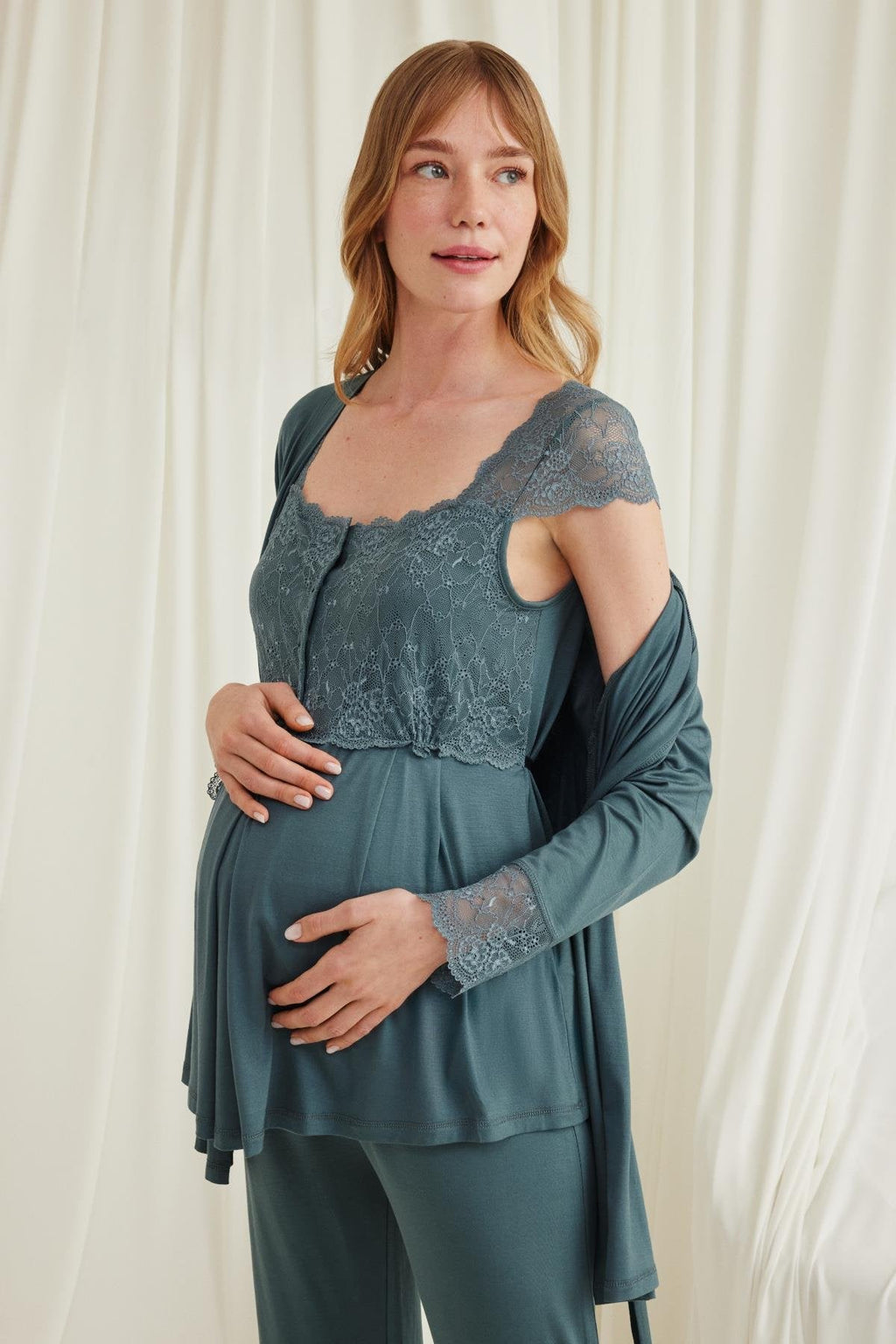 Lace Shoulder 3-Piece Maternity Feeding-Friendly Pajama & Robe Set Green - E18535