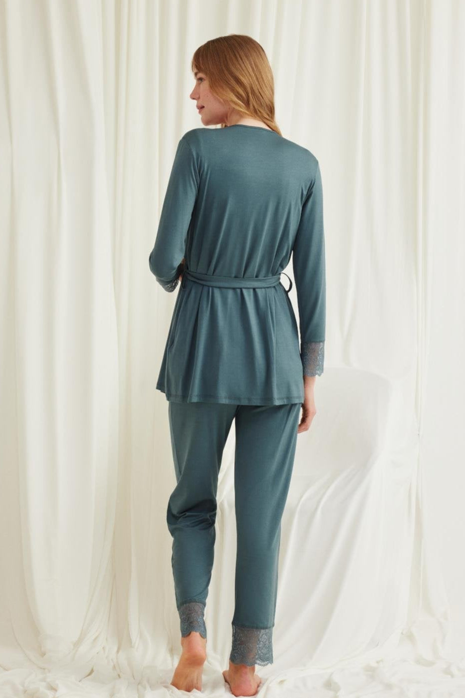 Lace Shoulder 3-Piece Maternity Feeding-Friendly Pajama & Robe Set Green - E18535