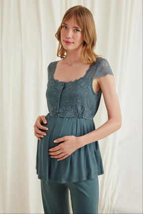 Lace Shoulder 3-Piece Maternity-Nursing Pajama & Robe Set Green - 18535